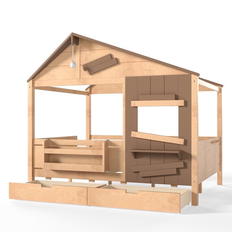 Full House-Shaped Kid's Bed with Built-in Bookshelf & Light Bulb, Wooden Platform Bed Frame with 2 Drawers & 5 Round Hooks