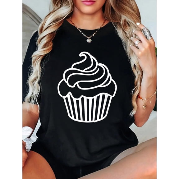 Cupcake icon T-Shirt casual short sleeve crew neck cotton tee tops for women