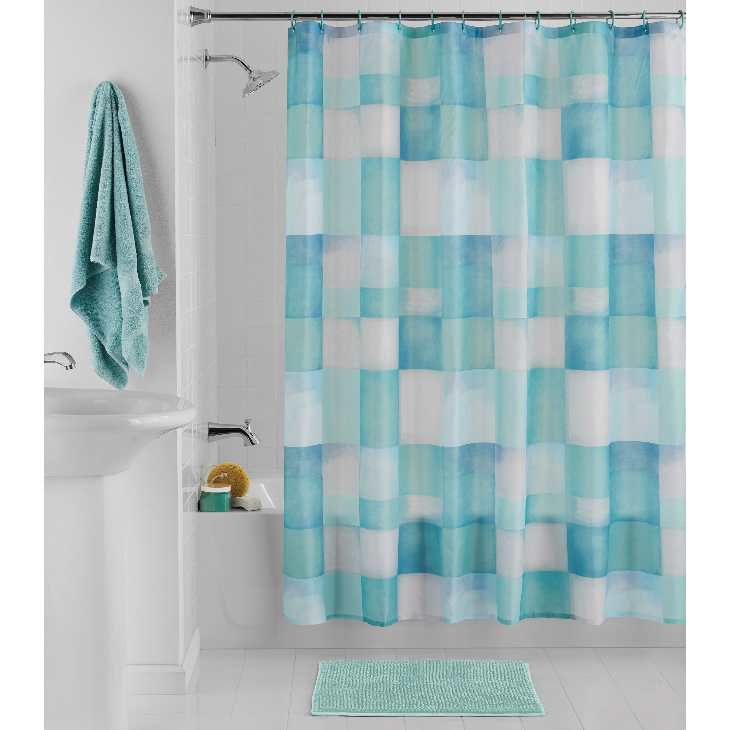 Mainstays Blue Square 14Pc Set with Printed Fabric Shower