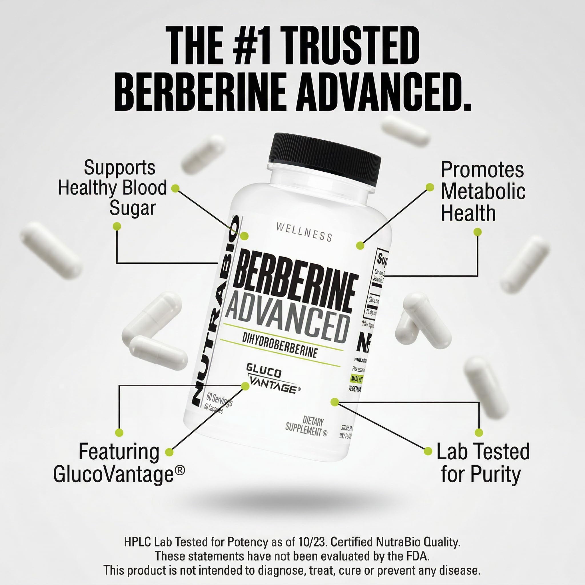 NutraBio Berberine Advanced Supplement (Dihydroberberine) Advanced Absorption Carbohydrate Tolerance Support, 200 mg, 60 Capsules