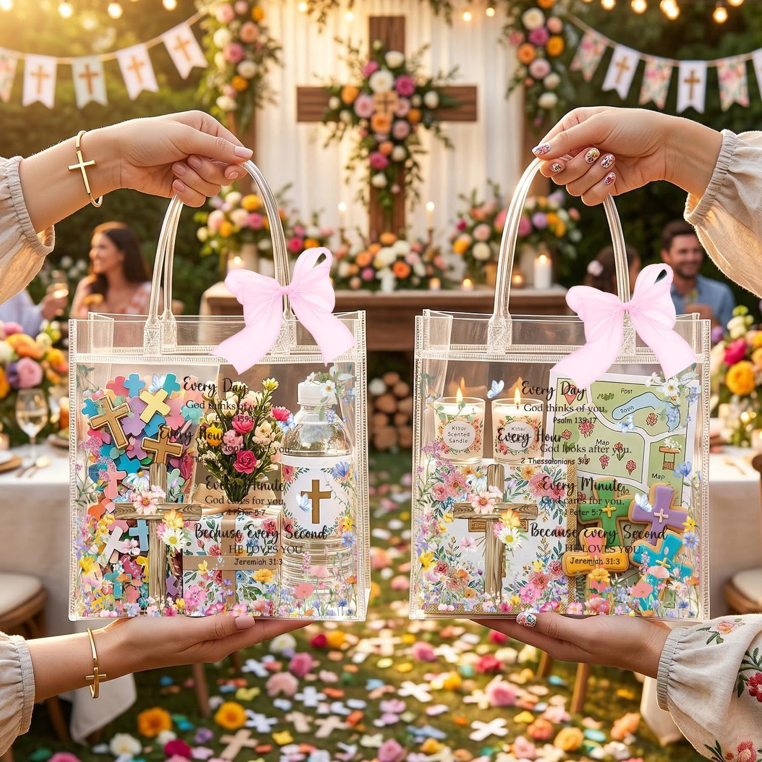 Christian Clear Gift Bags - 20 Pcs Religious Bible Flower Clear PVC Goodie Candy Treat Bags with Handle Inspirational Verse Handbag with Ribbon for Religious Baptism Themed Party Supplies