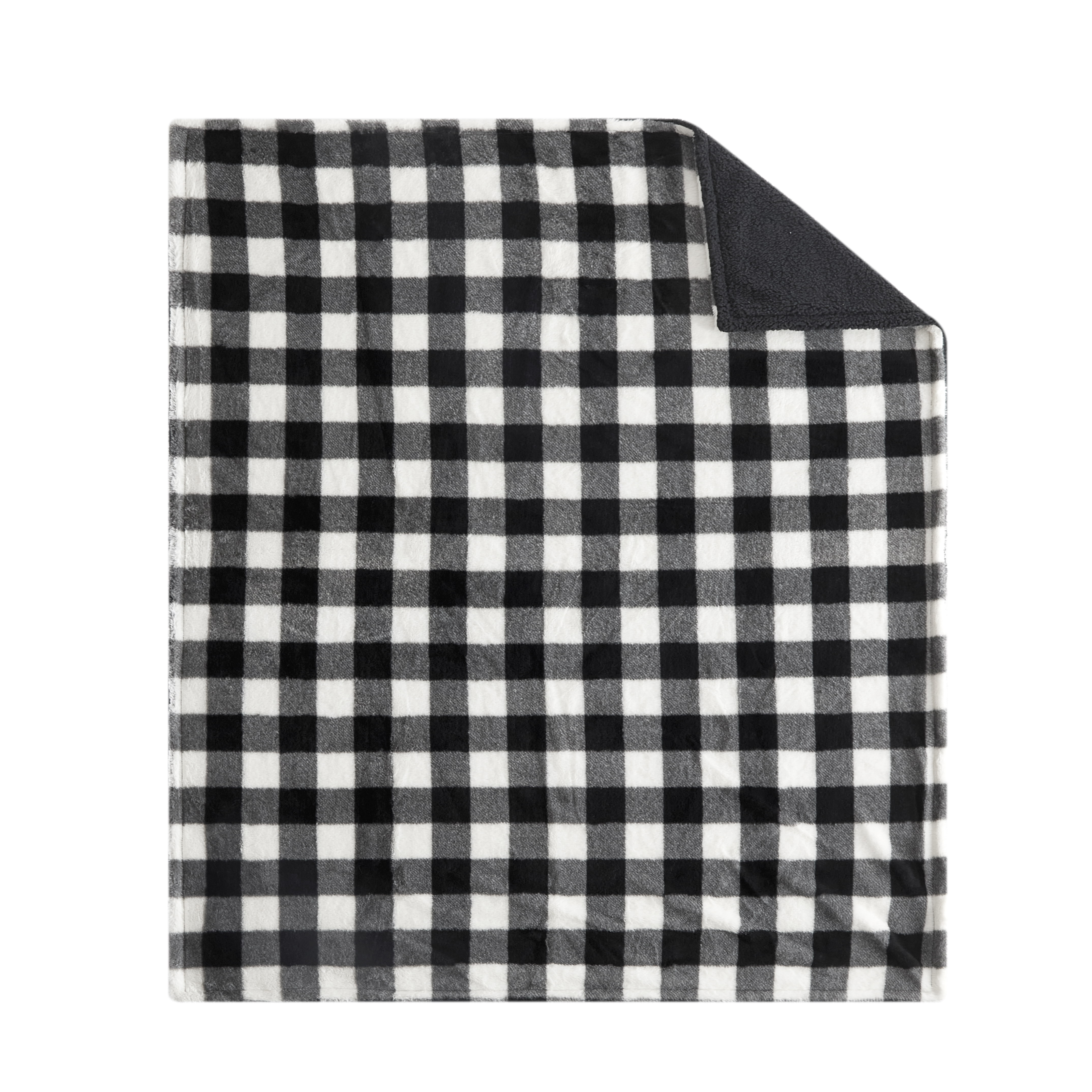 Dearfoams Reverse Sherpa Throw Blanket, Black-White Buffalo Plaid, Standard Throw