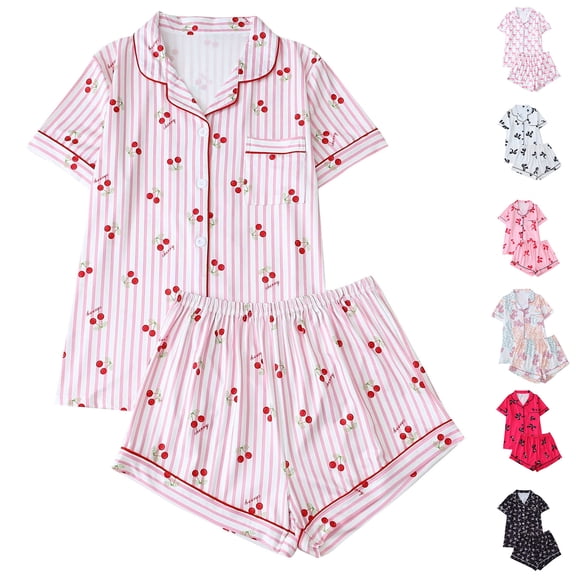 QSXADF Womens Short Sleeve Pajama Set 2 Piece Lounges Set Ladies' Casual Printed Lapel Pocket Short Sleeved Top Pants Home Wear Pajama Set Sleepwear
