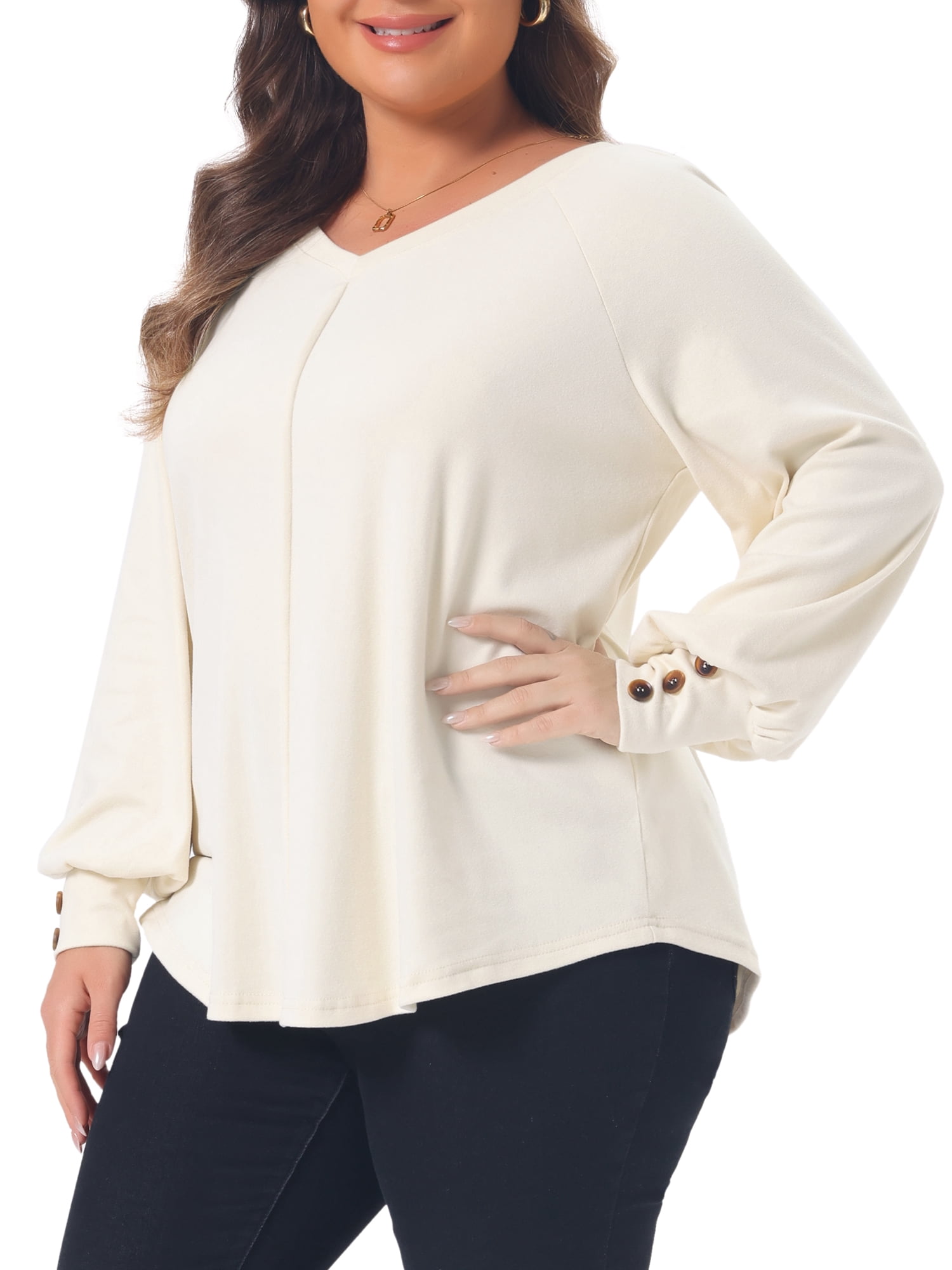 DARING DIVA Women's Plus Tunic V Neck Pleated Long Sleeve Tops 1X Apricot