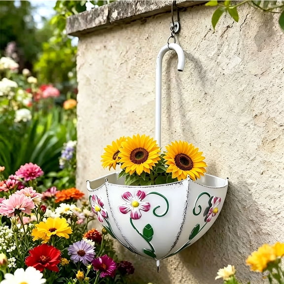 White Iron Umbrella Shaped Wall Mounted Planter Hanging Flower Pot for Outdoor Garden Fence Balcony Decor Wrought Iron