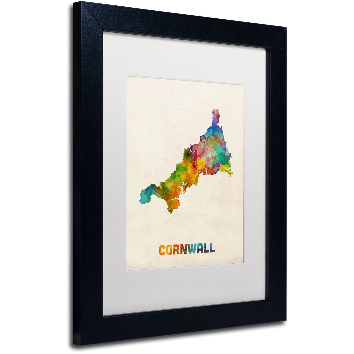Trademark Fine Art 'Cornwall England Watercolor Map' Canvas Art by Michael Tompsett, White Matte, Black Frame