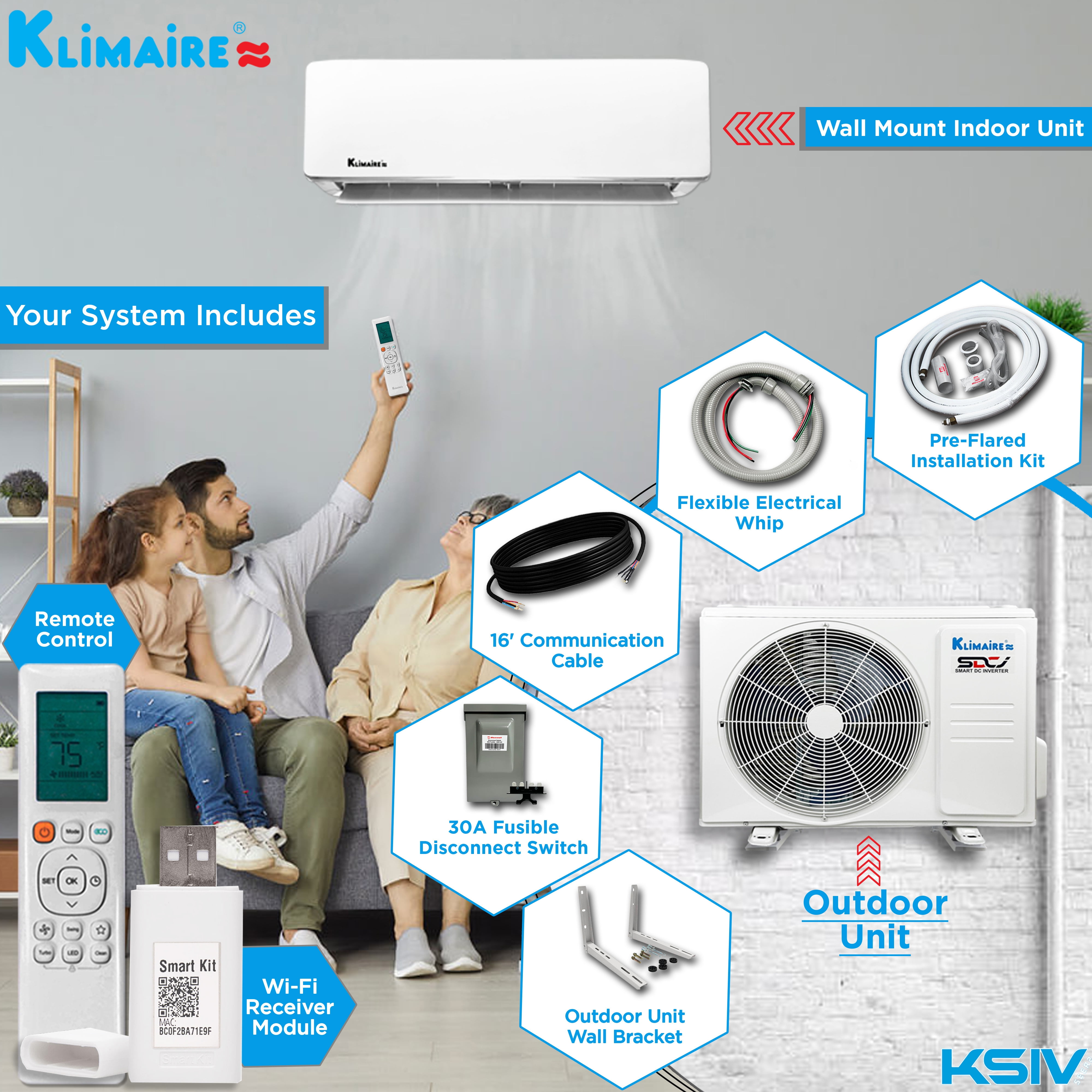 Klimaire 18,000 BTU 19 SEER2 Ductless Mini-Split Heat Pump Air Conditioner with Installation Kit, Up to 1,000 Sq. Ft.