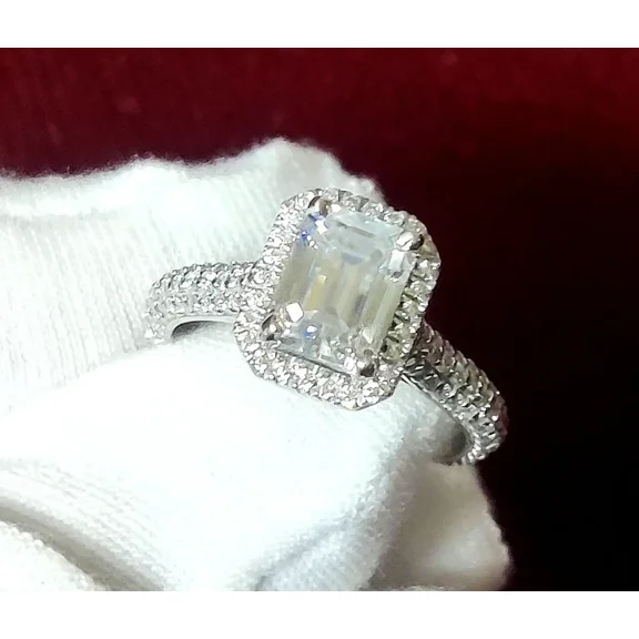 Diamond Emerald Cut Halo Engagement Lab-Created Diamond 14K White Gold Plated 925 Sterling Silver