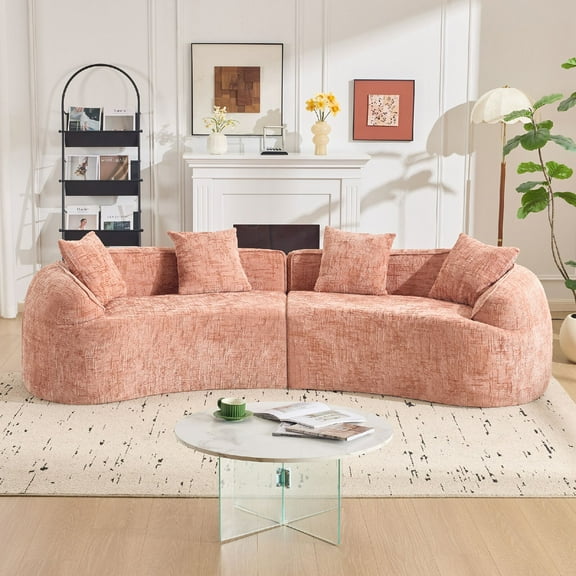 Curved Modular Sectional Sofa, 4-Seater Modern Chenille Minimalist Compressed Foam Cloud Sofa Couch, Creative Nordic-style Design Compressed Sofa for Living Room, Apartment, Pink