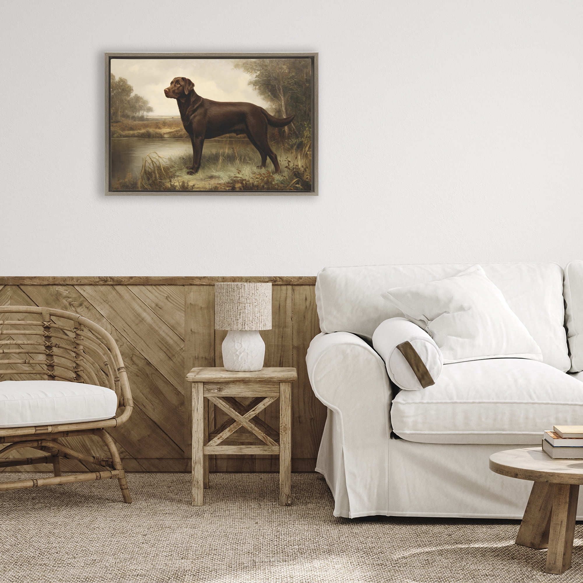 Stupell Industries Brown Lab By The River Brown Framed Floater Canvas Wall Art, design by Petal Prints Design