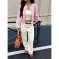 thumbnail image 4 of Women Button Up Cardigan Fall Trendy Crew Neck Long Sleeve Knit Cropped Sweater Jacket Pink XL, 4 of 7