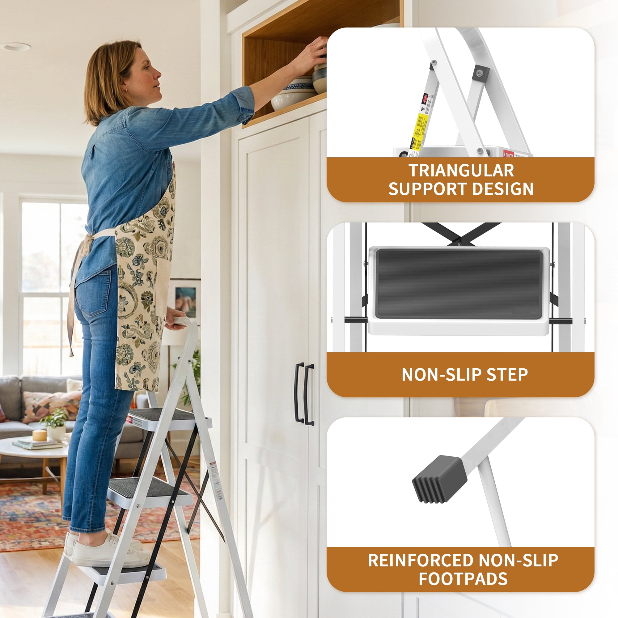 LevLad 4 Step Ladder with Safety Lock, Non-Skid Wide Steps,Household Folding Ladder for Home, Garden, Painting, Outdoor, Garage, White