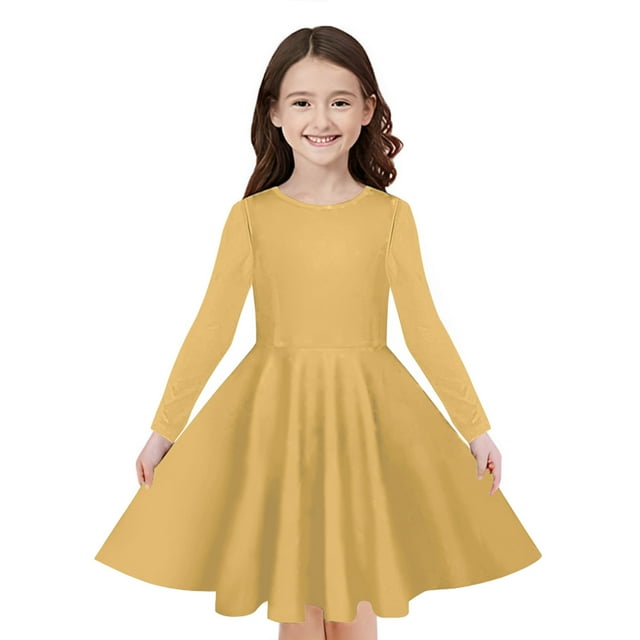Odeerbi Niñas Manga Larga A-Vestido de Manga Larga Para Niñas Vestido Acampanado de Primavera Vestido Elástico de Colores Sólidos Vestido de Patinadora Twirly Vestido de Recital Escolar
