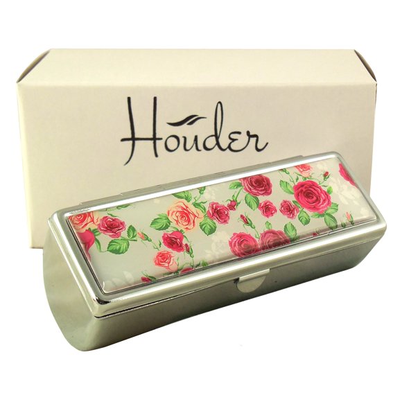Houder - Estuche para pintalabios con espejo para bolso, soporte decorativo para pintalabios con caja de regalo, forro de terciopelo, protege tus pintalabios con estilo (rosas rojas)