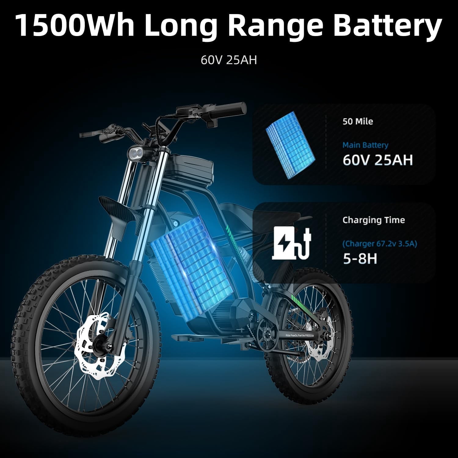 Freego Nova 3 Mid-Drive Electric Bike,3000W Peak Motor,60V 25Ah Battery,17" Tires,40 MPH,Off-Road E-Bike