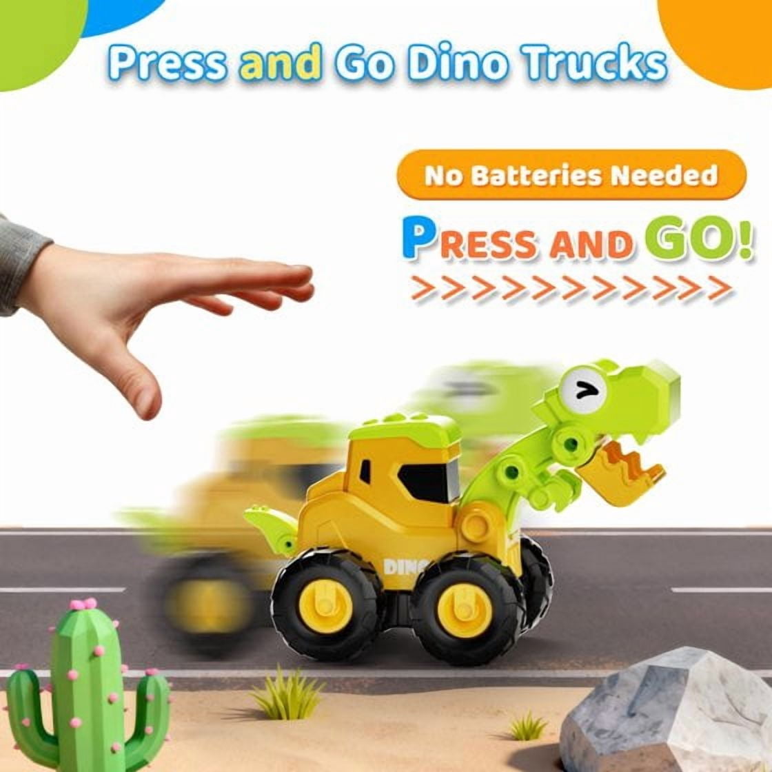 Dimoarch Dinosaur Construction Trucks Toys for Boys Ages 2 3 4, Toddlers Sandbox Vehicle Excavator Toys, Dino Press and Go Cars, Boys Birthday Gifts