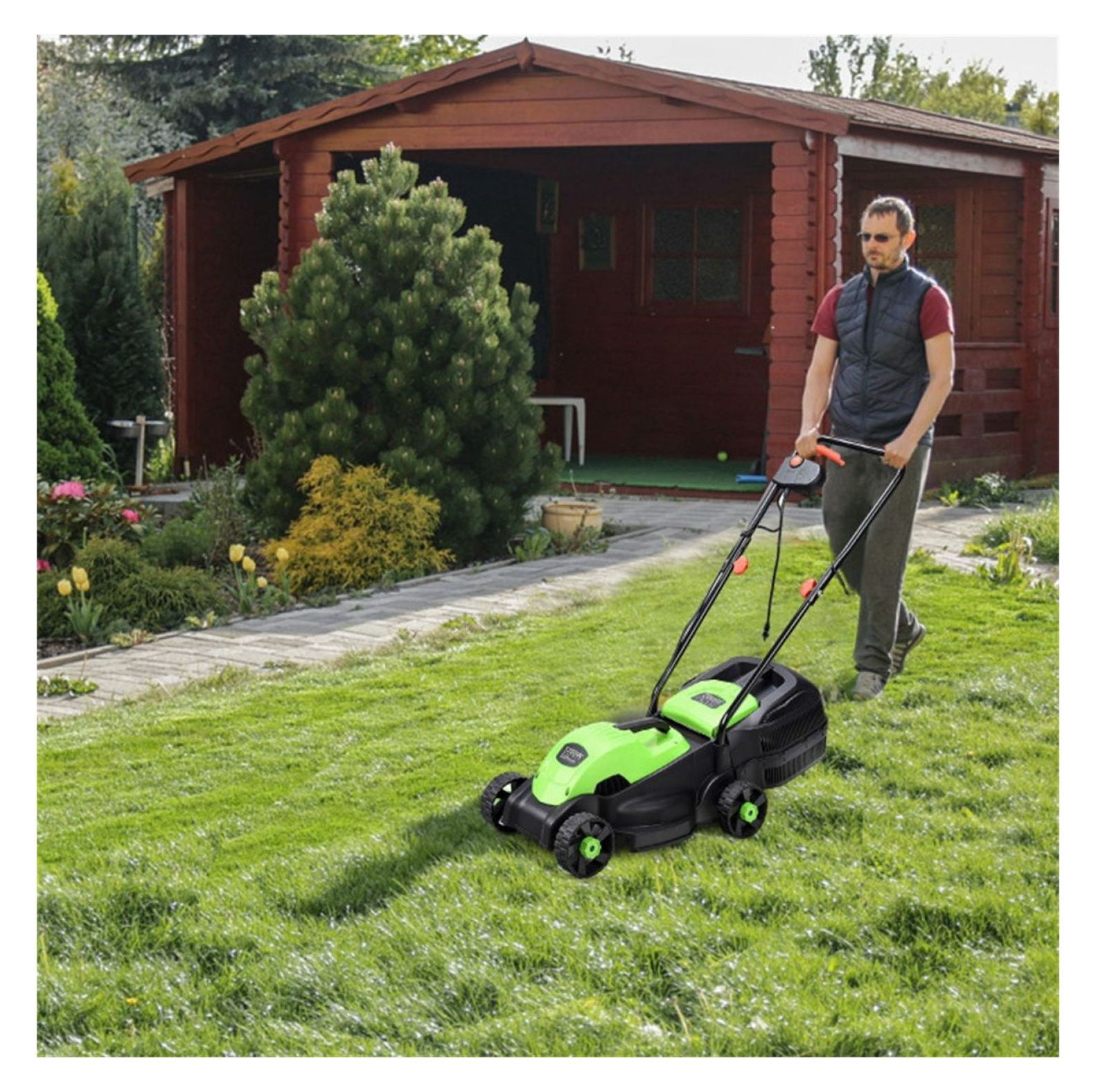 13-Inch Electric Lawn Mower, 8 Gal Grass Collection, 3 Height Settings, Lightweight 15.5 LBS Push Mower for Small Gardens - Green