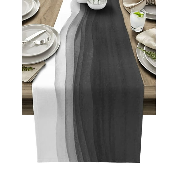 Table Runner Dresser Scarves 90 Inch Long, Black Grey White Gradient Ombre Linen Dining Table Runners Watercolor Ink Painting Art Tabletop Scarf for Wedding Holiday Party Kitchen