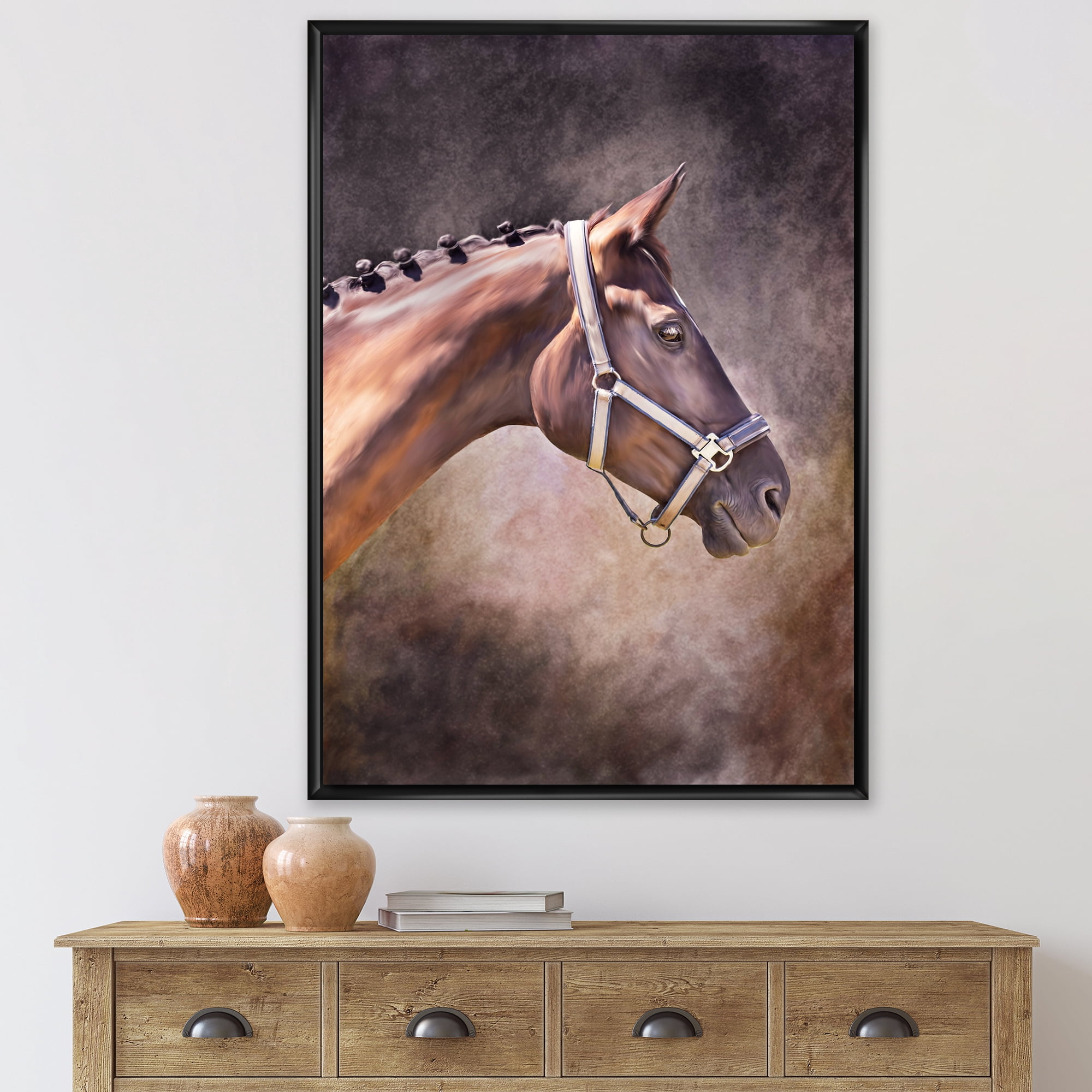 Close Up Portrait Of Brown Horse 16 in x 32 in Framed Painting Canvas Art Print, by Designart