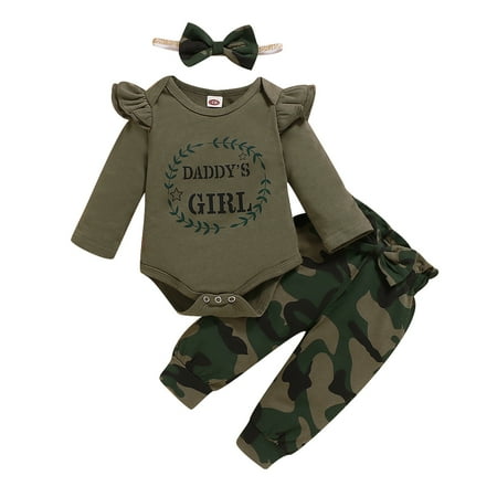 

KIMI BEAR Baby Girls Romper Outfits 3 Months Newborn Girls Fall Winter Clothing Set Letter Print Long Sleeve Jumpsuit Camouflage Pants Headband 3PCs Set 3-6 Months Army Green