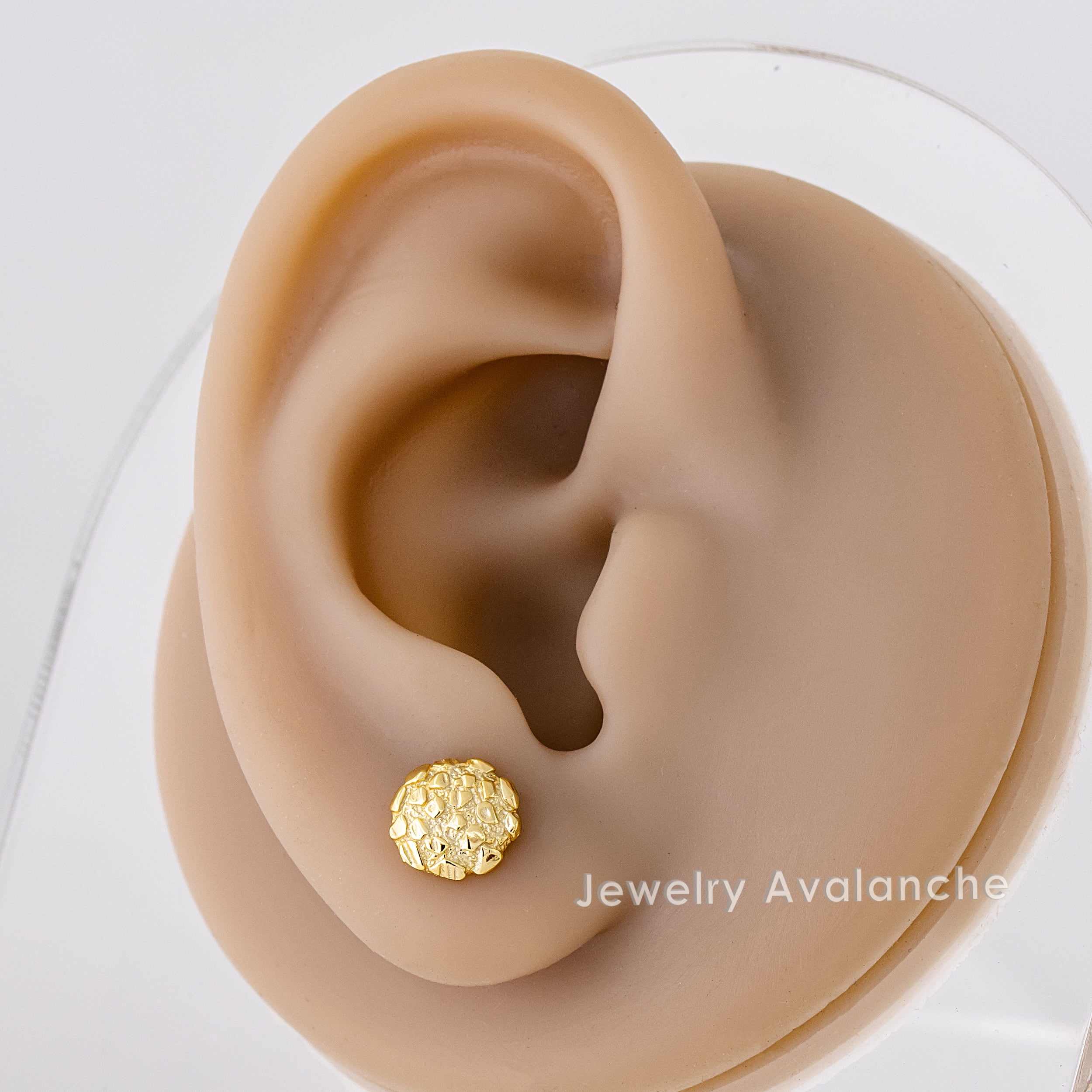 Nugget Stud Earrings - Yellow Gold Plated Sterling Silver Textured Chunky Studs - Hypoallergenic Minimalist Earrings for Men-Women 8mm