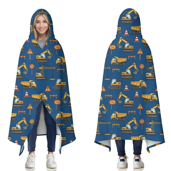 Wearable Blanket,Cartoon Construction Vehicles Barriers Hooded Wearable Sherpa Blanket for Adults & Teens,Winter Poncho Shawl Wrap Cape Thick Warm,50"x60"