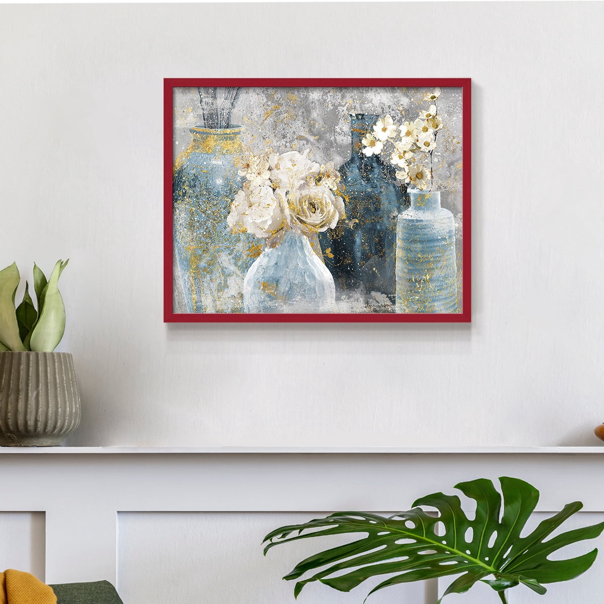 Vessels and Blooms Blues by Nan - Restickable Framed Giclée Print