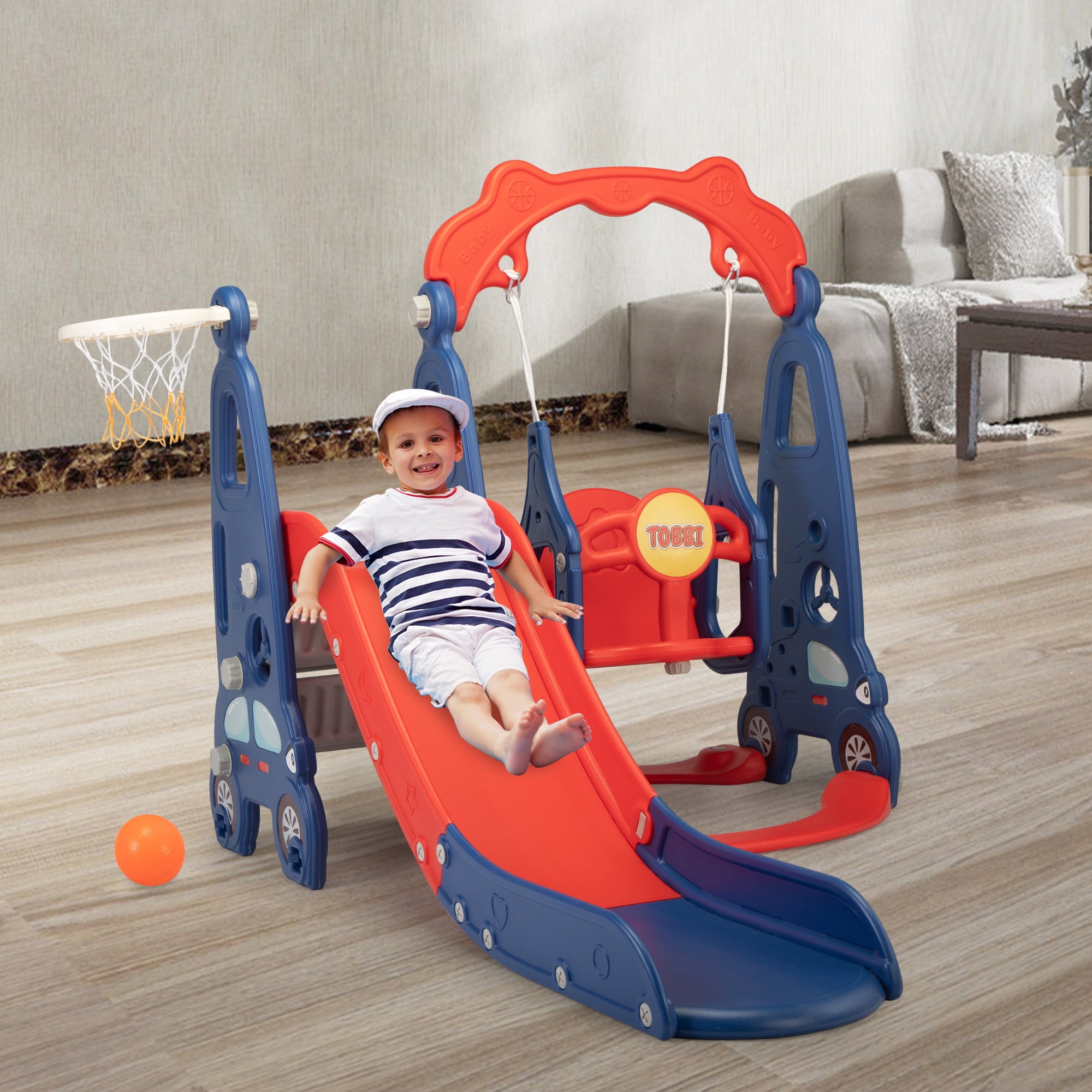 Nyeekoy 4 in 1 Toddler Climber and Swing Set, Play Climber Freestanding Slides Playset for Kids, Indoor Outdoor Playground Toy with Basketball Hoop & Ball