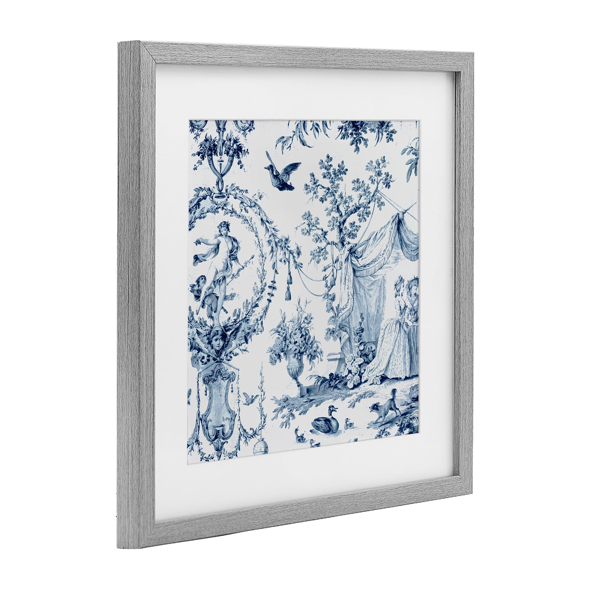 Classic Toile Scene Gray Framed Print Under Glass, design by Vintage Hustle
