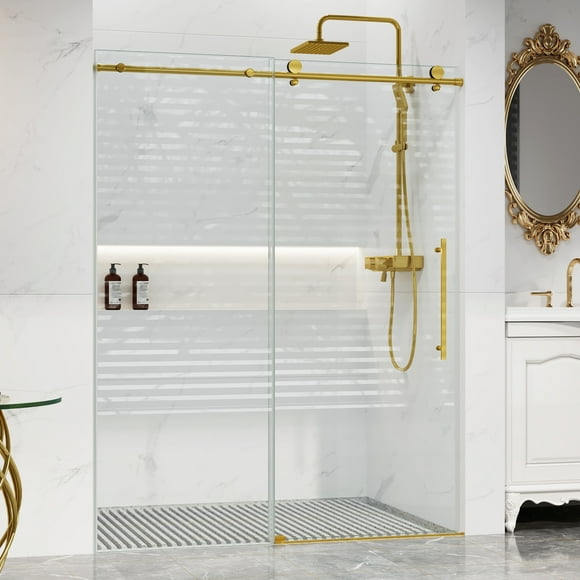 Garvee Sliding Shower Door 56-60 x 75 Inch Semi-Frameless, 8mm SGCC Tempered Glass with Stainless Steel Handle for Walk-In Showers, Gold Color