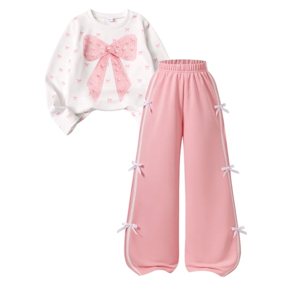 Mnyotv Girls Fall Outfits Long Sleeve Sweet Bow Print Sweatshirt Wide Leg Pants 2Pcs Winter Clothes Set Size 10 Years
