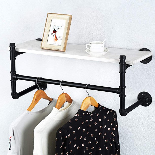 Industrial Pipe Clothing Rack Wall Mounted Wood Shelf,Pipe Shelving