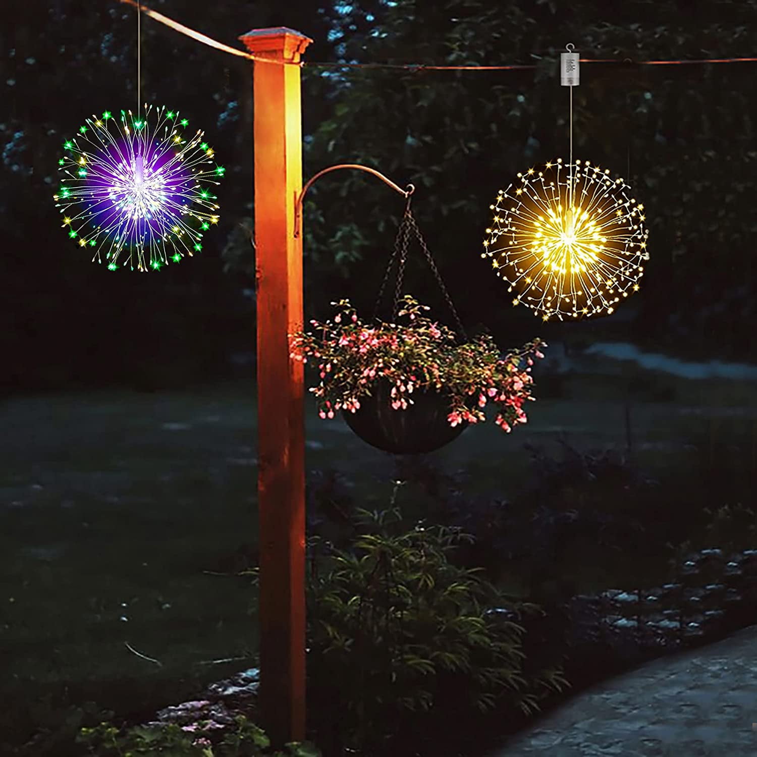 2 Pack Solar Firework Lights 200 LED Solar Garden Dandelion Christmas Lights Lights, 8 Lighting Modes Solar Starburst Lights with Remote for Outdoor Pathway Flowerbed Party Decorations (Warm White)