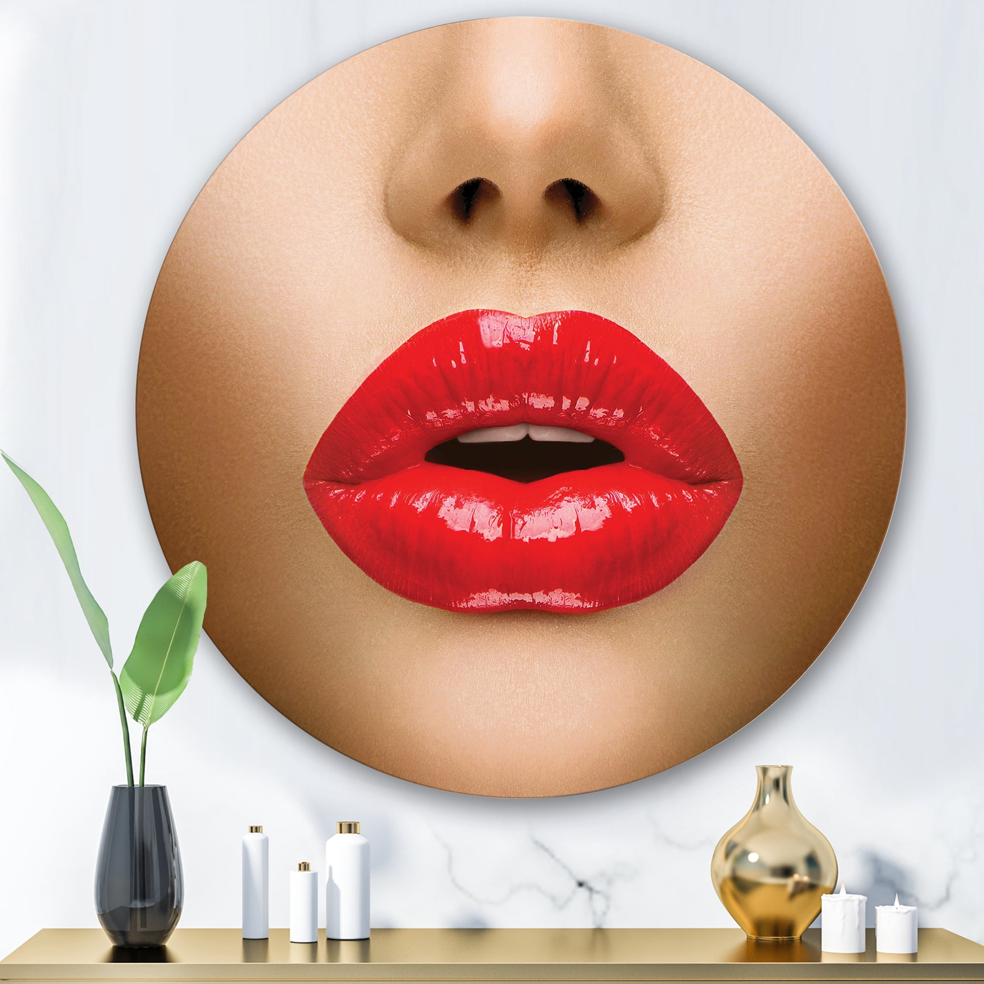 Designart 'Sexy Woman Lips Beautiful Make-Up Close-Up Kiss' Modern Circle Metal Wall Art 29x29 - Disc of 29