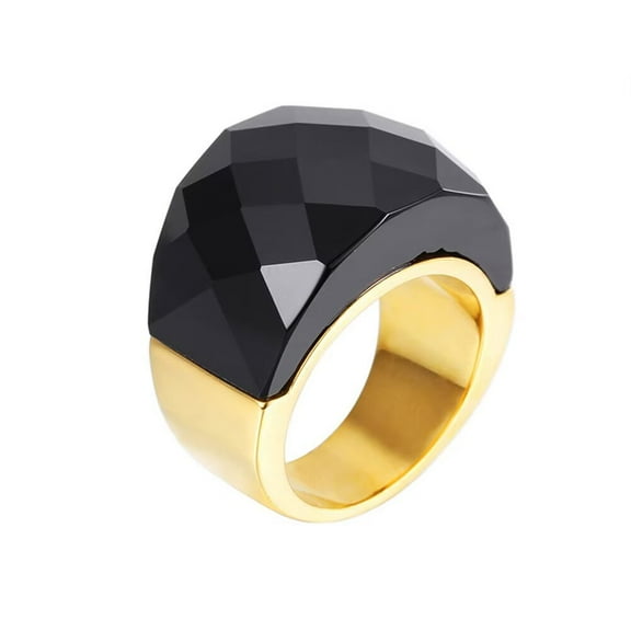 HIJONES Men's Stainless Steel 10MM Square Gemstone Crystal Inlaid Plain Engagement Ring Gold Plated Glossy Wedding Band Gold Black-Stone Size 9