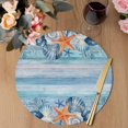 thumbnail image 3 of Summer Ocean Round 15 Inch Placemats Set of 6, Coastal Shells Starfish Coral Conch Wooden Blue HeatResistant Non Slip Place Mats for Dining Table, Wipeable Braided Kitchen Table Mats for Housewarming, 3 of 9
