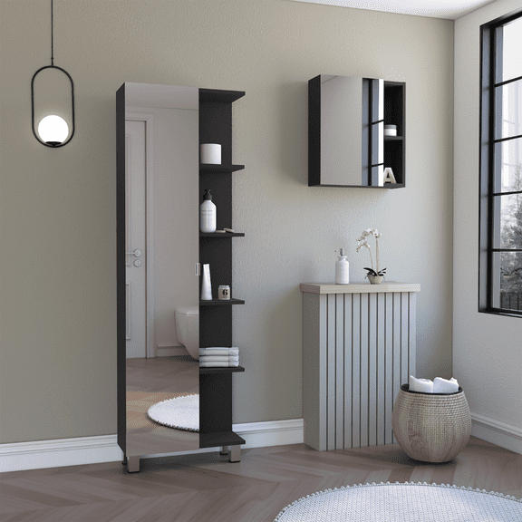 Fulton 2 Piece Bathroom Set, Urano Mirror Linen Cabinet   Labelle Medicine Cabinet, Black
