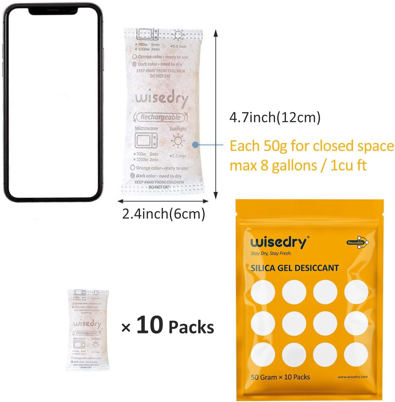 wisedry 50 Gram [10 Packs] Silica Gel Desiccant Packets Microwave Fast Reactivate Moisture Absorbers Bags with Indicating Beads for Closet Gun Safes Bathroom Food Grade
