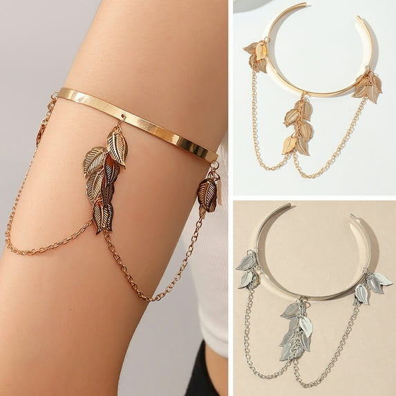 opvise Opening Adjustable Thin Arm Bangle Bohemian Leaf Charm Upper Arm Bracelet Accessories