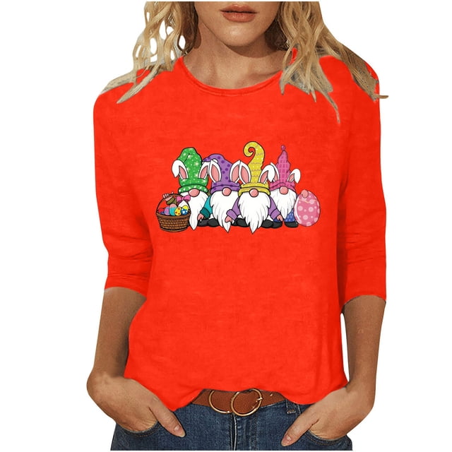 Blouse pour Femmes T-shirt Imprimé Col Rond de Pâques Manches 3/4 Col Rond Chandail