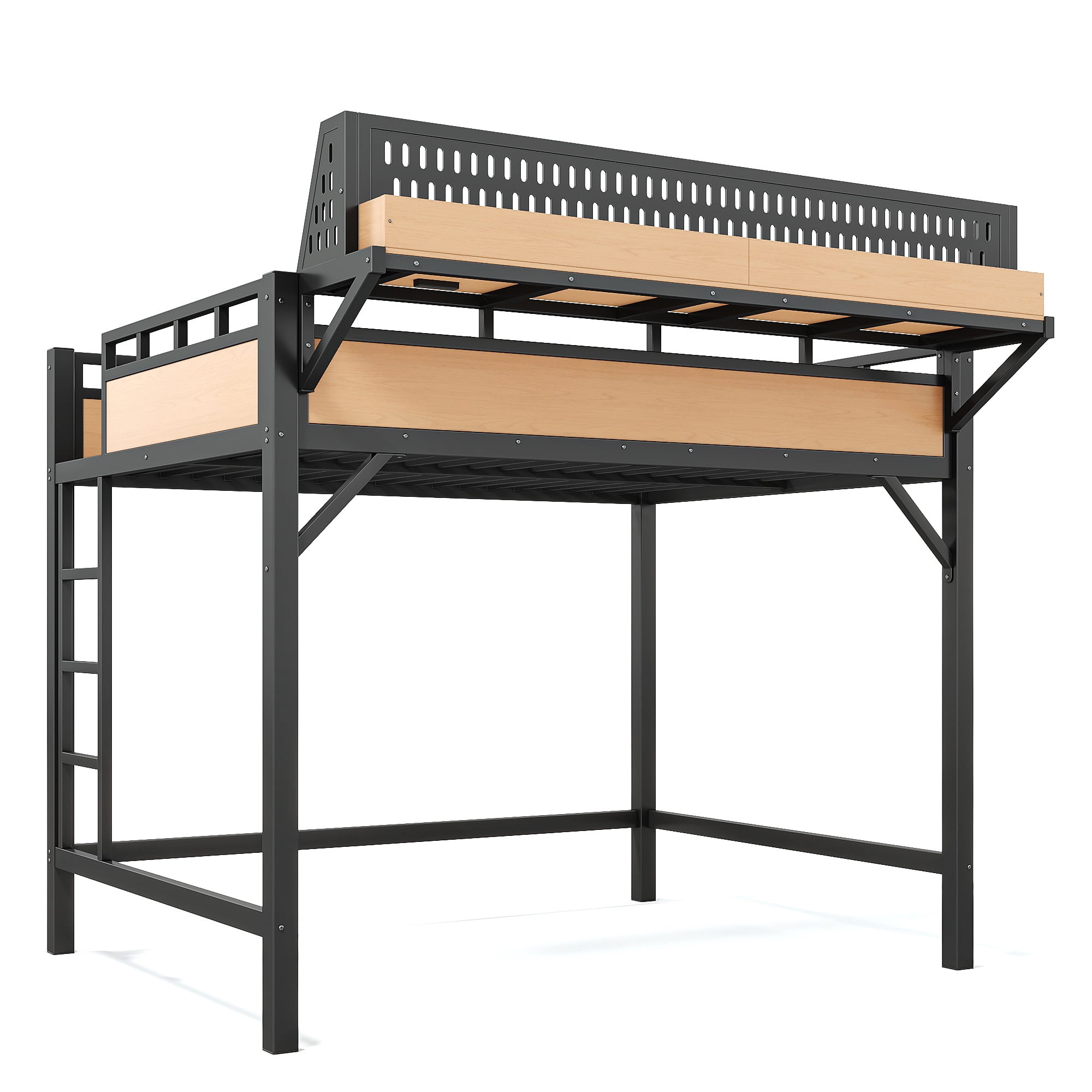 Leumius Full Size Loft Bed with Storage Shelves and Pegboard,Metal Loft Bed Frame with USB Ports and LED Lights,Natural