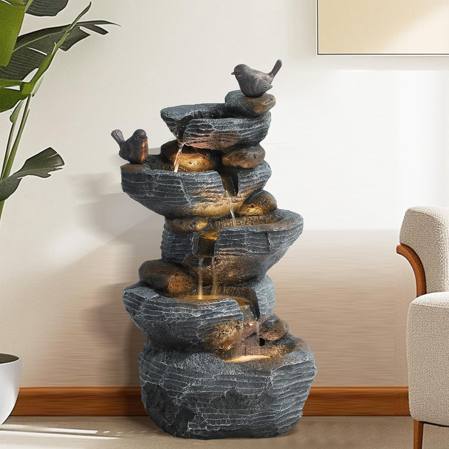 TITIMO 5-Tier Cascading Rock Water Fountain Outdoor Garden Waterfall with Lights, Fountain Indoor Decor for Garden, Patio, Backyard, Deck, Porch and Home Art Decor