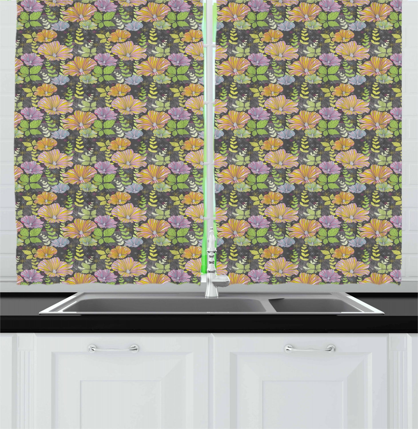 Flower Curtains 2 Panels Set, Abstract Botanical Composition with Romantic Pastel Colored Flowers and Leaves Print, Window Drapes for Living Room Bedroom, 55W X 39L Inches, Multicolor, by Ambesonne