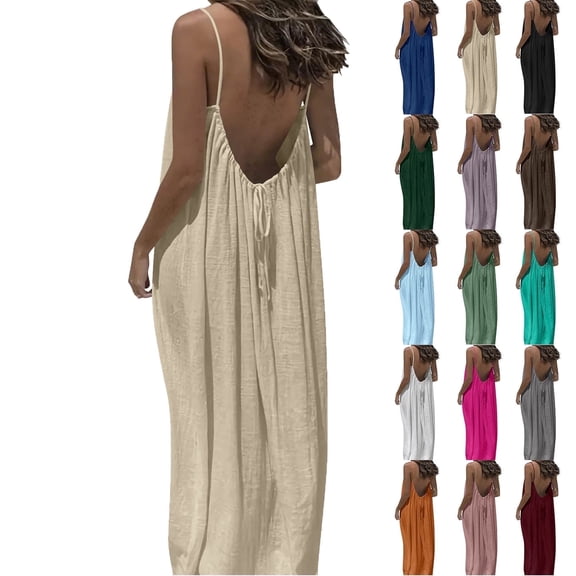 Elvqul Womens Nightdress Spaghetti Strap Plus Size Cami Dress Summer Pull On Roundneck Sleeveless Solid Backless Maxi Dress for Women