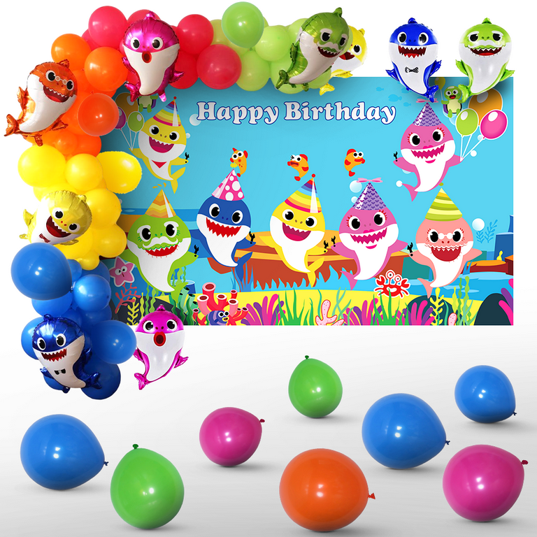 Shark Birthday Decorations - Shark Family Balloons Arch Garland Kit  Photography Backdrop Banner for Boys Girl Birthday 