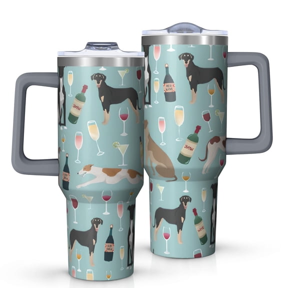 OBREWU Dogs with Wine and Glasses Tumbler with Handle and Lid,Dogs with Wine and Glasses 40oz Double Wall Vacuum Insulated Tumbler,Cups Gift for Women and Men