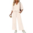 thumbnail image 6 of VISALY 2 Piece Linen Outfit 3/4 Sleeve V Neck Cotton Linen Tunic Blouse Peasant Shirts Drawstring Waist Wide Leg Pants Set Lightweight Casual Summer Gauze Sets Beach Vacation Tracksuit Beige L, 6 of 8