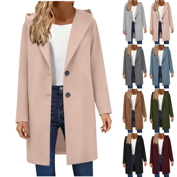 Busydd Womens Coat Solid Color Button Long Trench Coat Casual Warm Winter Jackets for Women Fashion Loose Long Sleeve Hooded Women Winter Coats with Pockets S