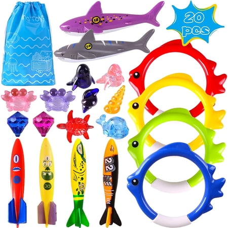 Playoza Summer Pool Diving Swimming Toys for Kids,Fun Swim Games Set, Underwater Dive Gifts with Storage Bag,20 Pack Swimming Pool Toys Swim Learning & Diving Skill Development for Boys Girls