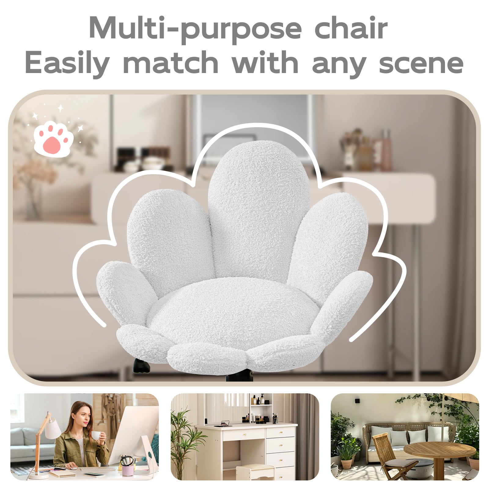 Solfway White Vanity Chair with Wheels and Back, Cute Daisy Flower Comfy Upholstered Fuzzy Vanity Desk Chair for Girls Makeup, Swivel Rolling, and Height Adjustable